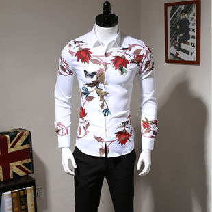 男衬衫 上衣印花免烫白色衬衣潮流寸衫 长袖 秋季 男士 衣服2021新款