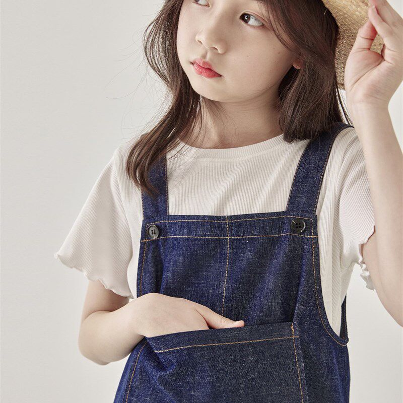 韩版女童不落色牛仔背带裙儿童荷叶裙摆纯色长裙百搭吊带连衣裙潮