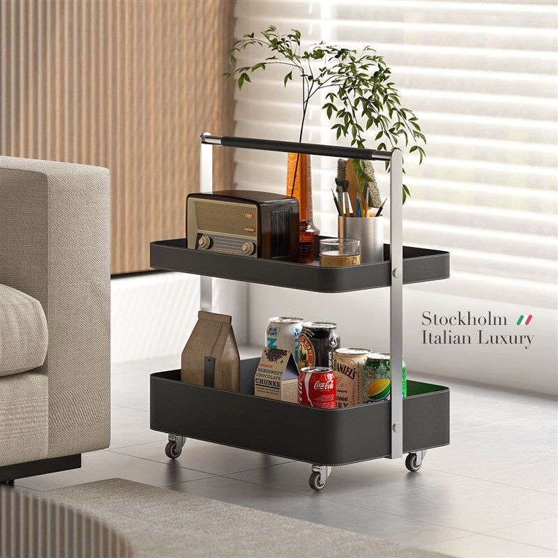 意式移动茶几小推车马鞍皮轻奢高级感客厅沙发边几家用带轮置物架