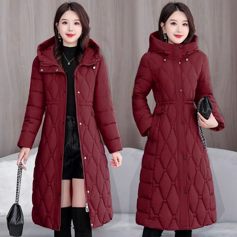 2024新款修身长款棉袄冬季时尚中长款收腰保暖女士羽绒棉服外套