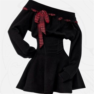 复古格子系带一字领露肩收腰短款连衣裙甜酷辣妹小个子百搭卫衣裙