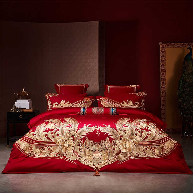 120支全棉婚庆大红色龙凤刺绣新婚四六十件套结婚嫁床上用品喜被4