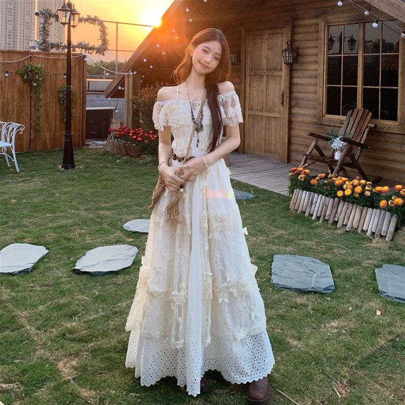 仙女海边度假风套装蕾丝拼接吊带连衣裙女夏高级感气质罩衫两件套