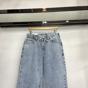 绳牛仔裤 男女港风老爹直筒蓝色系裤 休闲松紧腰宽松长裤 春秋新款