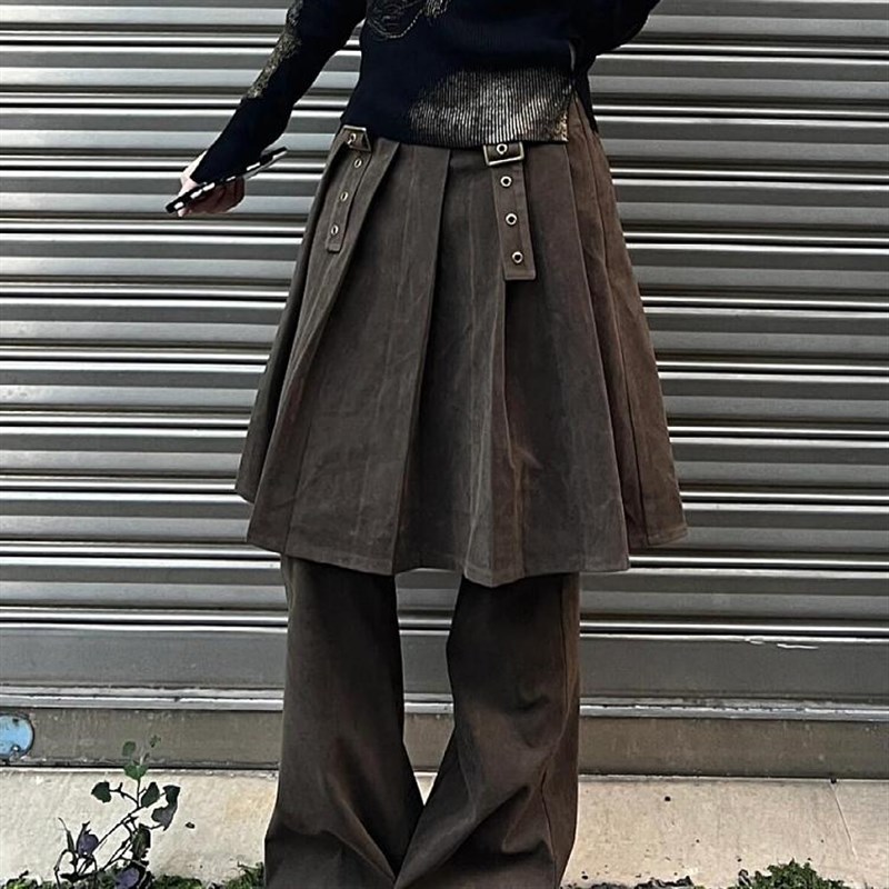 大码美式复古叠穿假两件牛仔裙裤女设计感直筒显瘦百褶裙微喇长裤