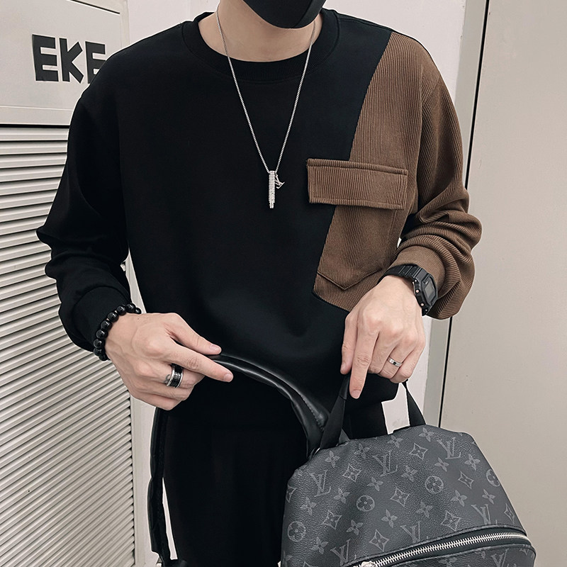 春秋季高级感撞色拼接卫衣男重磅潮牌长袖t恤衫小众打底上衣外套