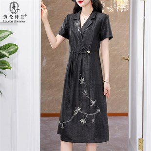 复古国风绣花裙子大码 短袖 显瘦 新款 高端龟纹香云纱真丝连衣裙夏季