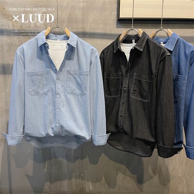 LUUD 气质仿牛仔布长袖衬衫潮男简质纯色翻领纯棉衬衣穿搭薄外套