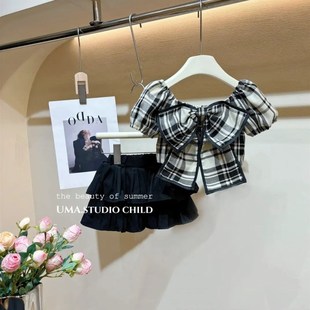 女童夏季套装2024新款女宝宝洋气格子短袖上衣百褶裙休闲两件套潮
