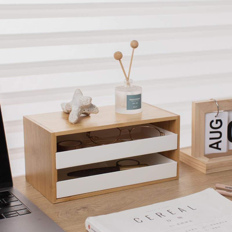 竹白家简约桌面收纳盒楠竹抽屉式文具整理盒玄关钥匙杂物置物架