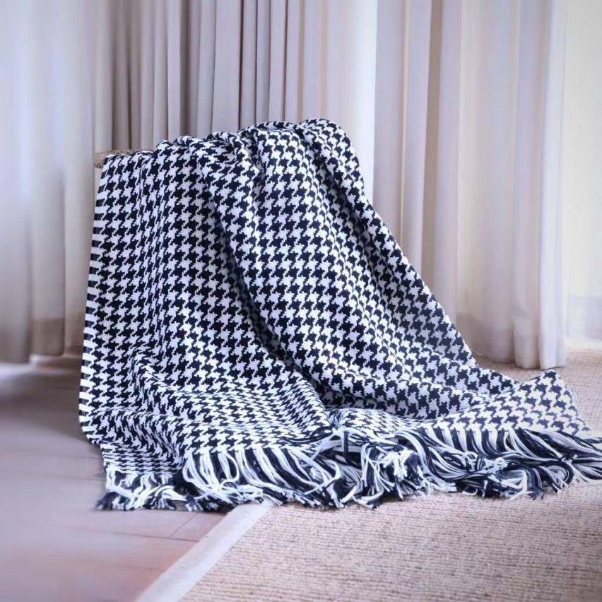 羊绒成分黑白编织千鸟格面料样板房床尾巾面料28%wool72%acylic