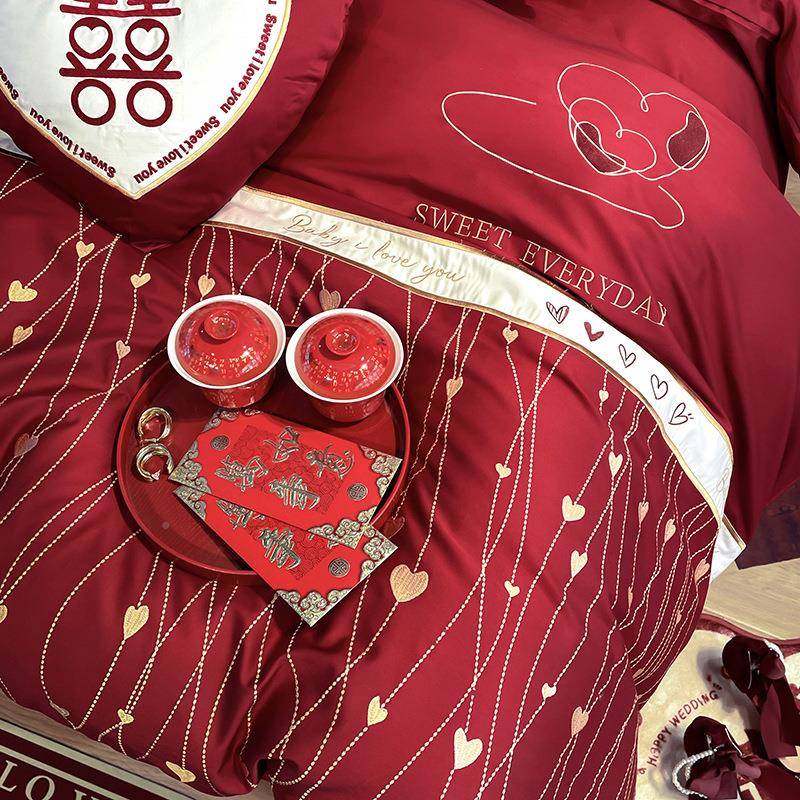 高婚庆00支1长绒棉四件套双面用纯棉床单被套结喜被床婚上tmm2269