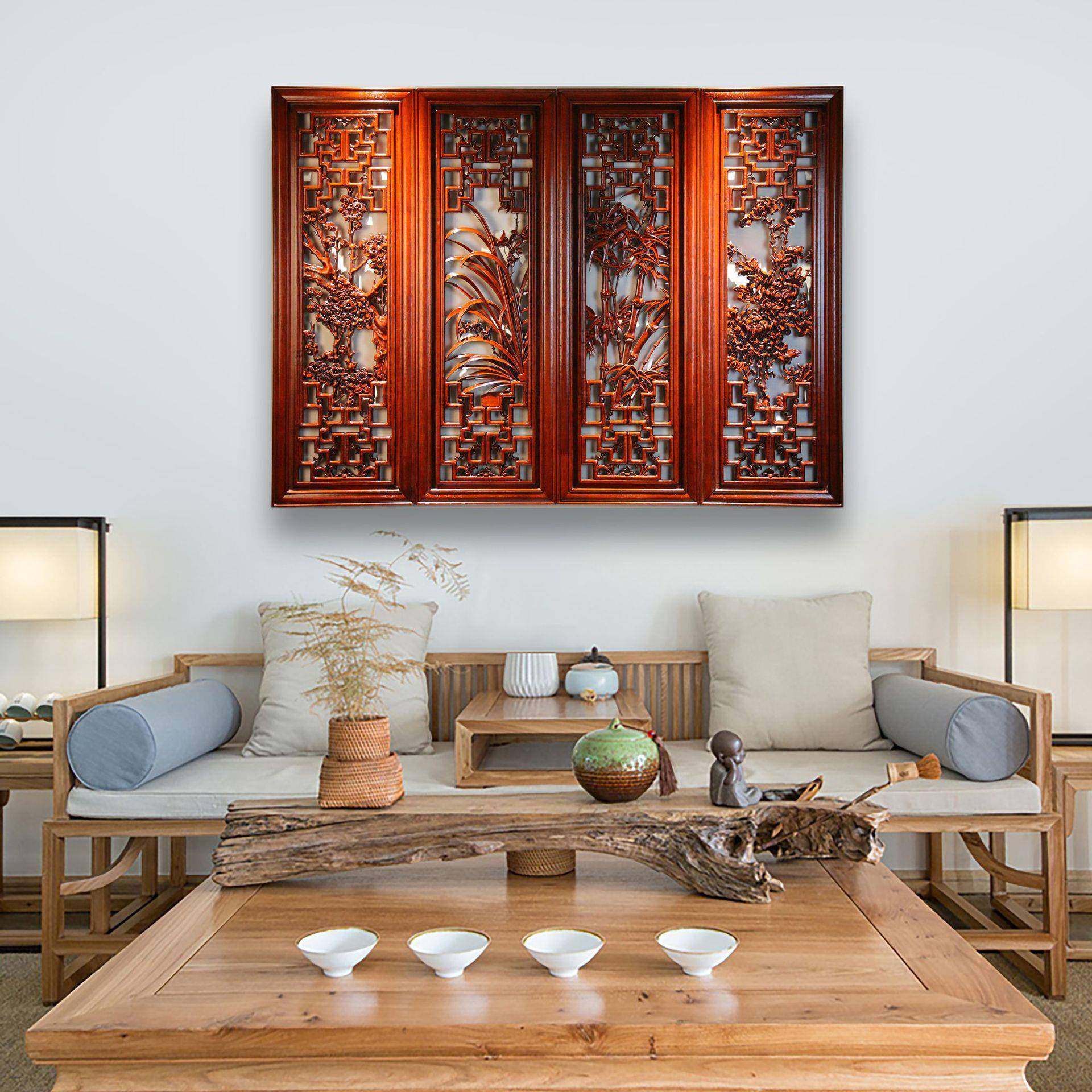 实木0新中式玄墙福壁装字饰画关书法画浮雕百中堂沙发屏风