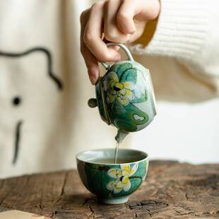 山鼎 仿古手绘冰片青绿荷花茶壶 釉下彩泡茶壶家用陶瓷功夫小瓷壶