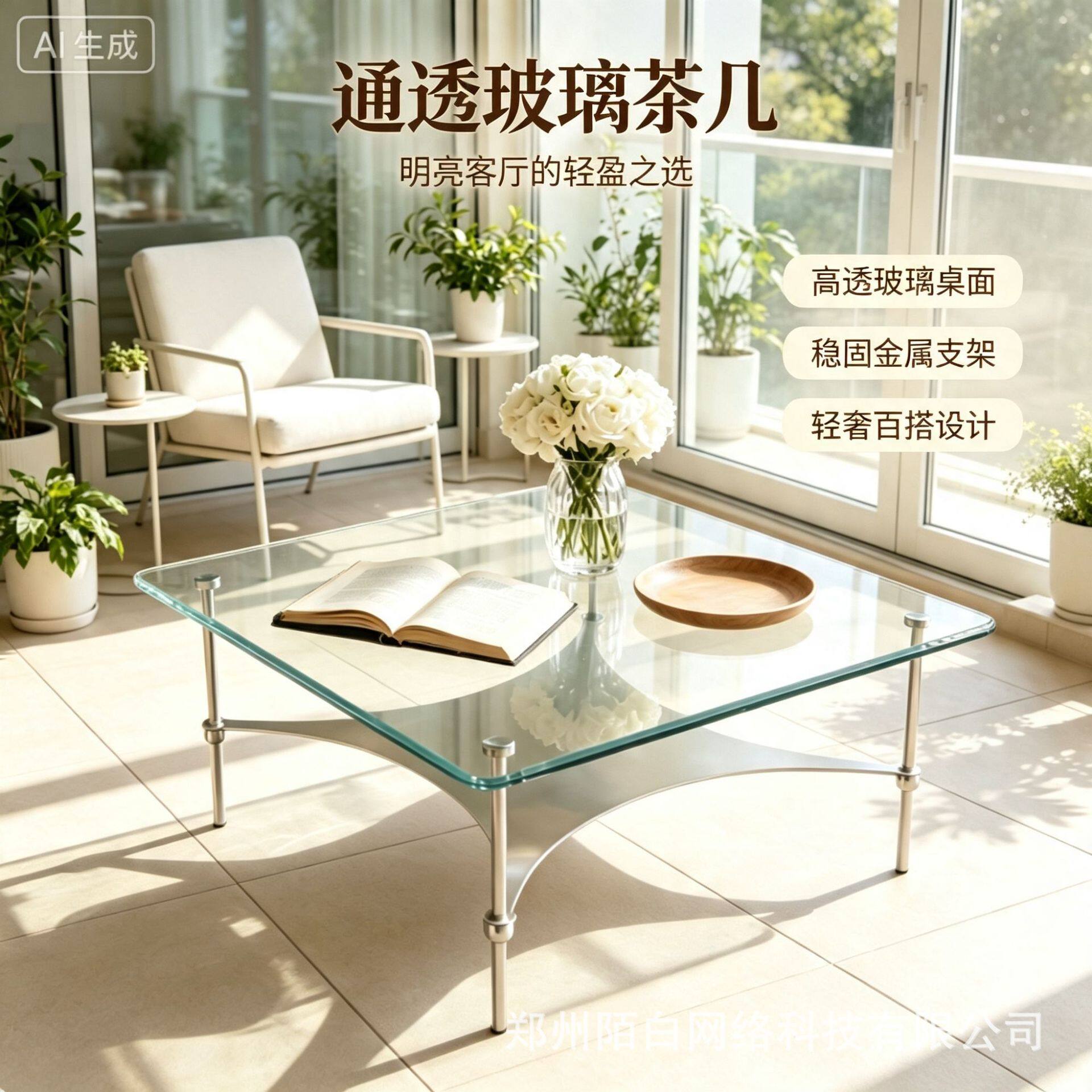 法式玻璃茶几轻奢正方形透明钢化玻璃桌小户型客厅网金属支架茶几