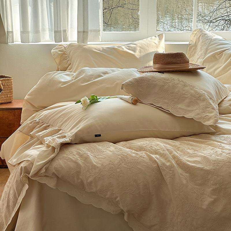 法式复古60支全棉水洗棉四件套少女花卉刺绣纯棉被套床上用品1.8