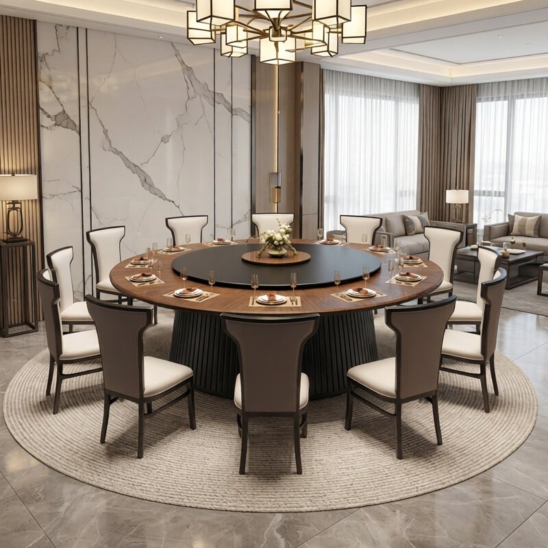 新中式豪华酒店实木电动餐桌岩板大圆桌现代餐厅轻奢极简宴会桌椅