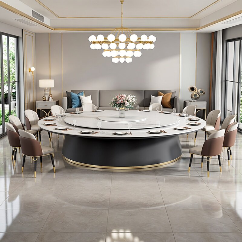 酒店现代极简岩板电动餐桌新中式岩板大圆桌餐厅会所别墅火锅桌椅