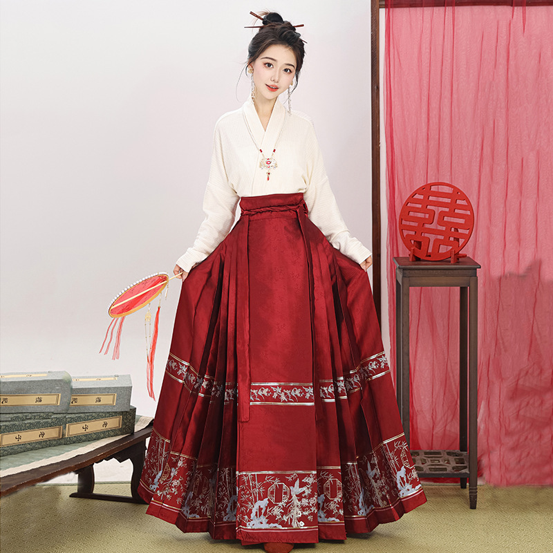 新款马面裙女套装婚服国风搭配上衣黑红色织金妆花中式汉服敬酒