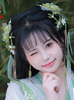 汉服头饰女竹子发夹流苏侧边夹古代宋制古风发饰绿色竹叶对夹夏季