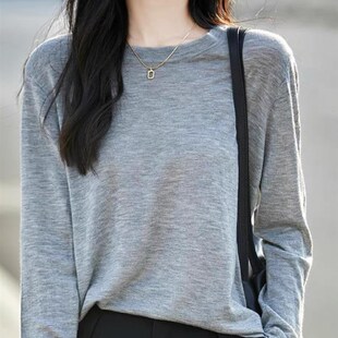 遮肉上衣 女圆领毛衣2025春秋宽松显瘦针织衫 精纺薄款 水溶羊毛衫