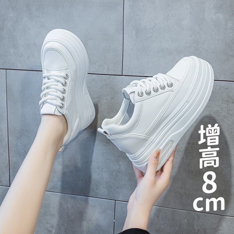 8cm内增高气垫小白鞋女真皮厚底系带网面透气低帮单鞋小码33 34 - 实物图