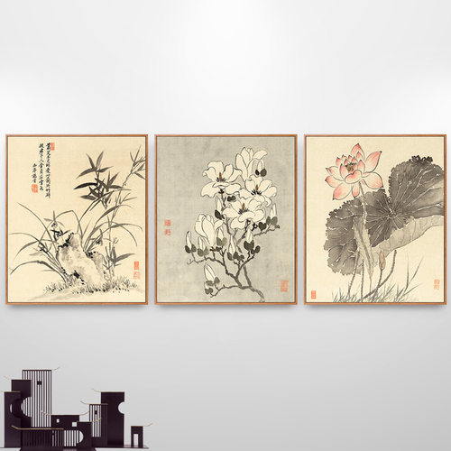 国画花鸟花卉装饰画新o中式客厅三联画餐厅背景墙挂画饭厅厨房壁