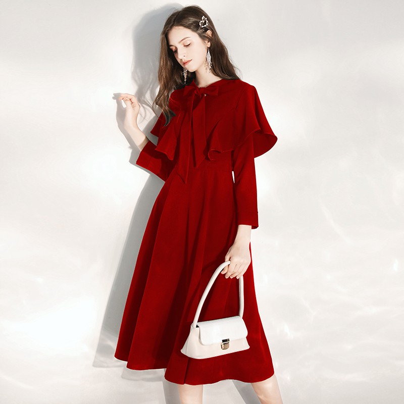 敬酒服新娘冬季赫本小红裙订婚衣服长袖披肩回门结婚便装晚礼服女