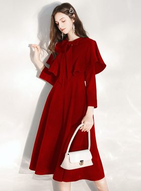 敬酒服新娘冬季赫本小红裙订婚衣服长袖披肩回门结婚便装晚礼服女