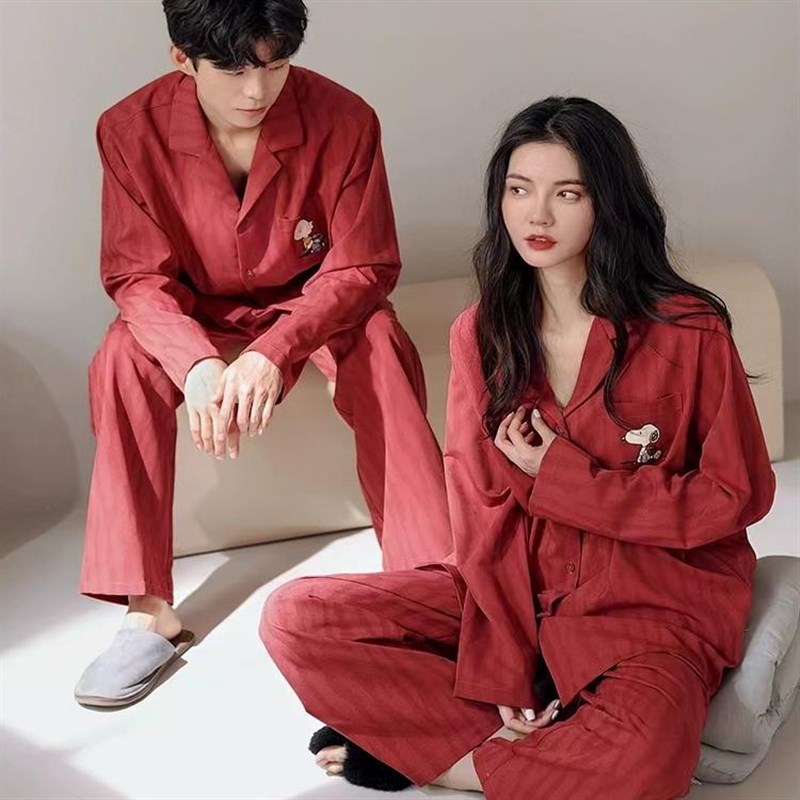 秋季情侣睡衣红色纯棉开衫长袖长裤男女结婚新婚喜庆冬款卡通套装