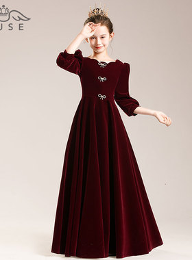 女童高端礼服红色花童公主裙洋气小女孩儿童主持人钢琴演出服冬季