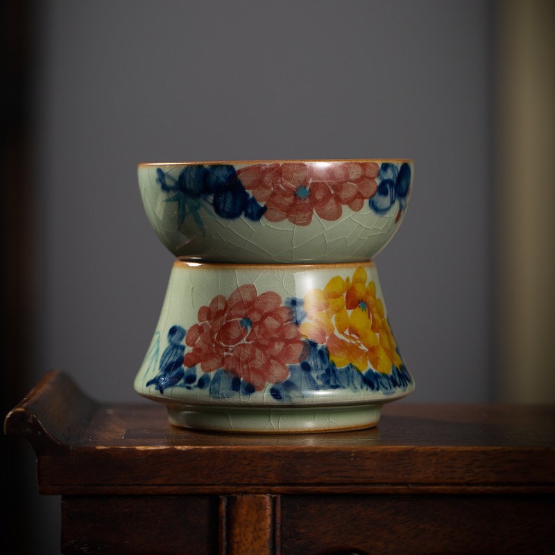 老陶泥柴窑高档茶漏手绘牡丹茶隔过滤网釉下五彩青花茶虑茶道零配