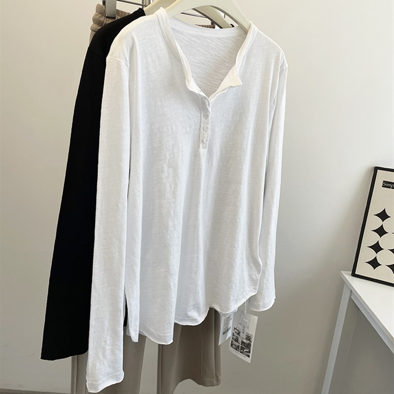柠波家。门襟排扣竹节棉长袖T恤女2025春宽松显瘦百搭白色打底衫