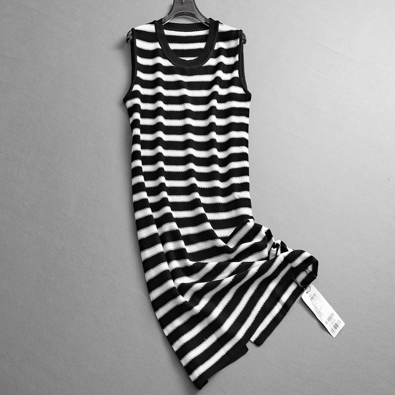黑白条纹直筒裙圆领无袖针织背心裙度假风长款宽松女裙连衣裙L624