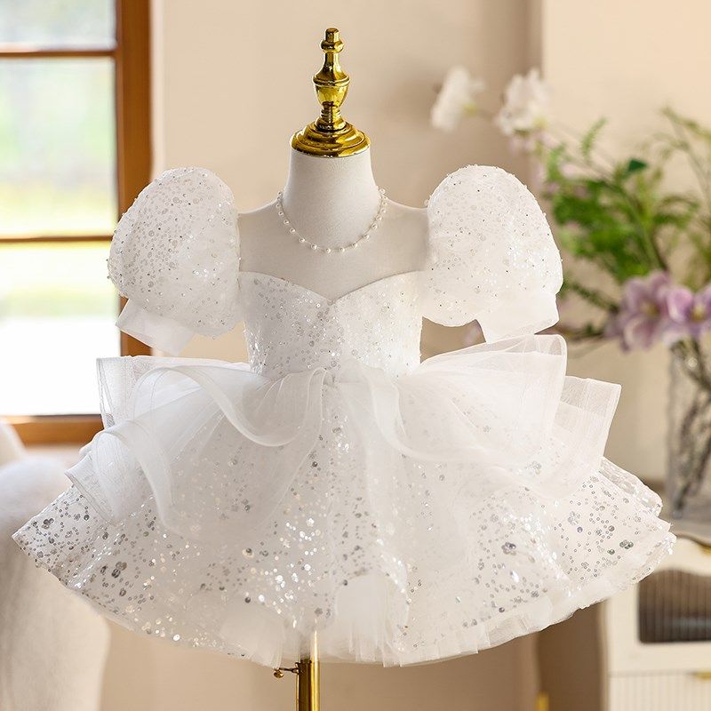 女童周岁宴生日礼服白色夏季法式泡泡袖花童婚纱小女孩走秀蓬蓬裙,童装/婴儿装/亲子装,儿童礼服,淘宝优惠券,粉丝福利购,淘宝优惠卷