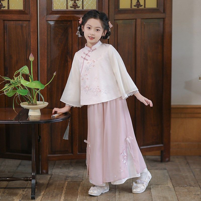 女童汉服儿童新中式国风套装小女孩立领斜襟粉色款民国裤子旗袍,童装/婴儿装/亲子装,汉服,淘宝优惠券,粉丝福利购,淘宝优惠卷