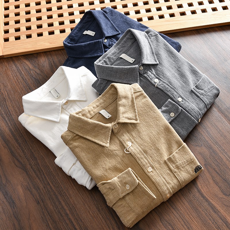 日系复古!100全棉磨毛!外贸男士新品美式休闲口袋宽松长袖衬衫