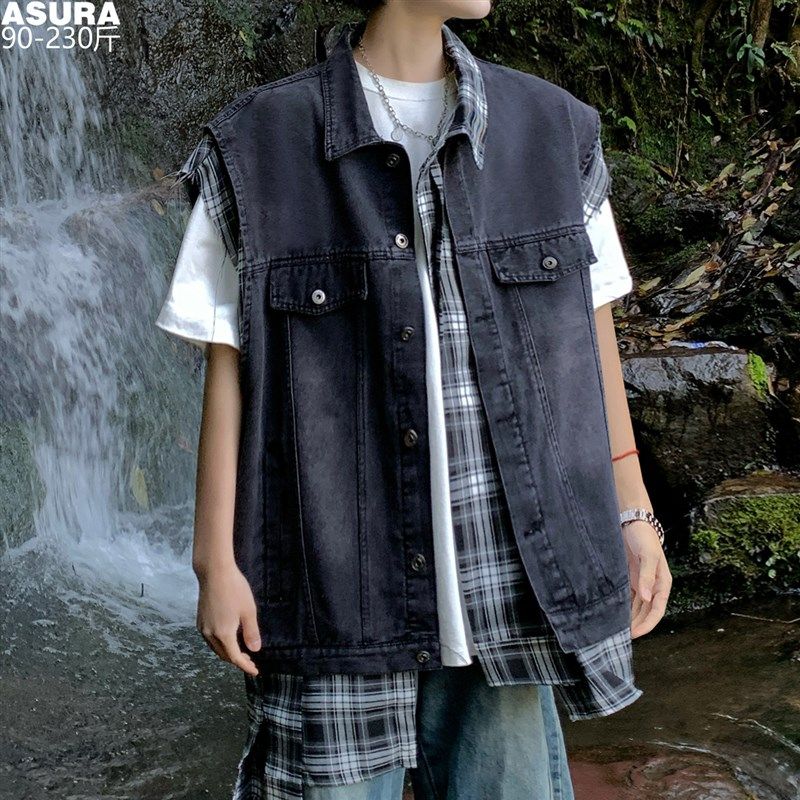 假两件格子毛边工装牛仔马甲夹背心男加肥大码潮胖宽松外套春街头,男装,常规马甲,淘宝优惠券,粉丝福利购,淘宝优惠卷