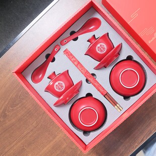 敬茶杯 结婚套装 婚礼改口茶杯茶具一对红色婚庆喜碗对碗红碗托盘