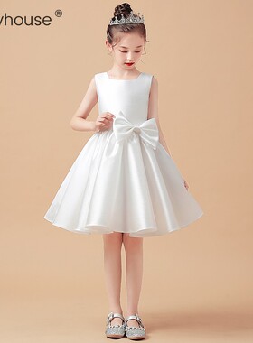 女童十岁生日公主裙中小童婚礼花童裙儿童白色钢琴演出服高档短裙