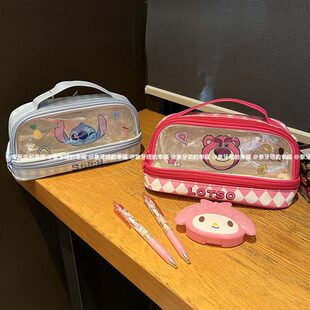 软萌可爱卡通大容量透明双层笔袋学生手提文具收纳包整理袋文具盒