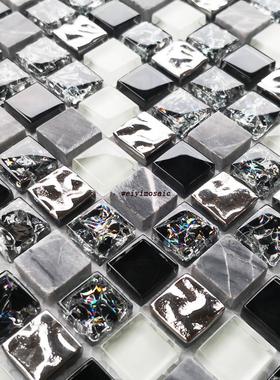 灰黑色水晶玻璃马赛克白色冰裂石材背景墙化妆室瓷砖鱼池水池地砖