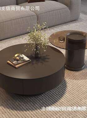 简约现代高级客厅网红茶几极简圆形岩板组合感家用轻奢黑色小户型