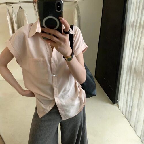 夏季新款韩版糖果色宽松口袋短袖上衣休闲小飞袖简约V领衬衫