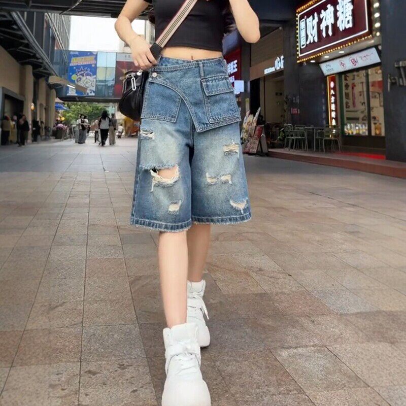 2026夏季新款洋气百搭破洞不规则牛仔中裤大码女装高腰显瘦直筒裤