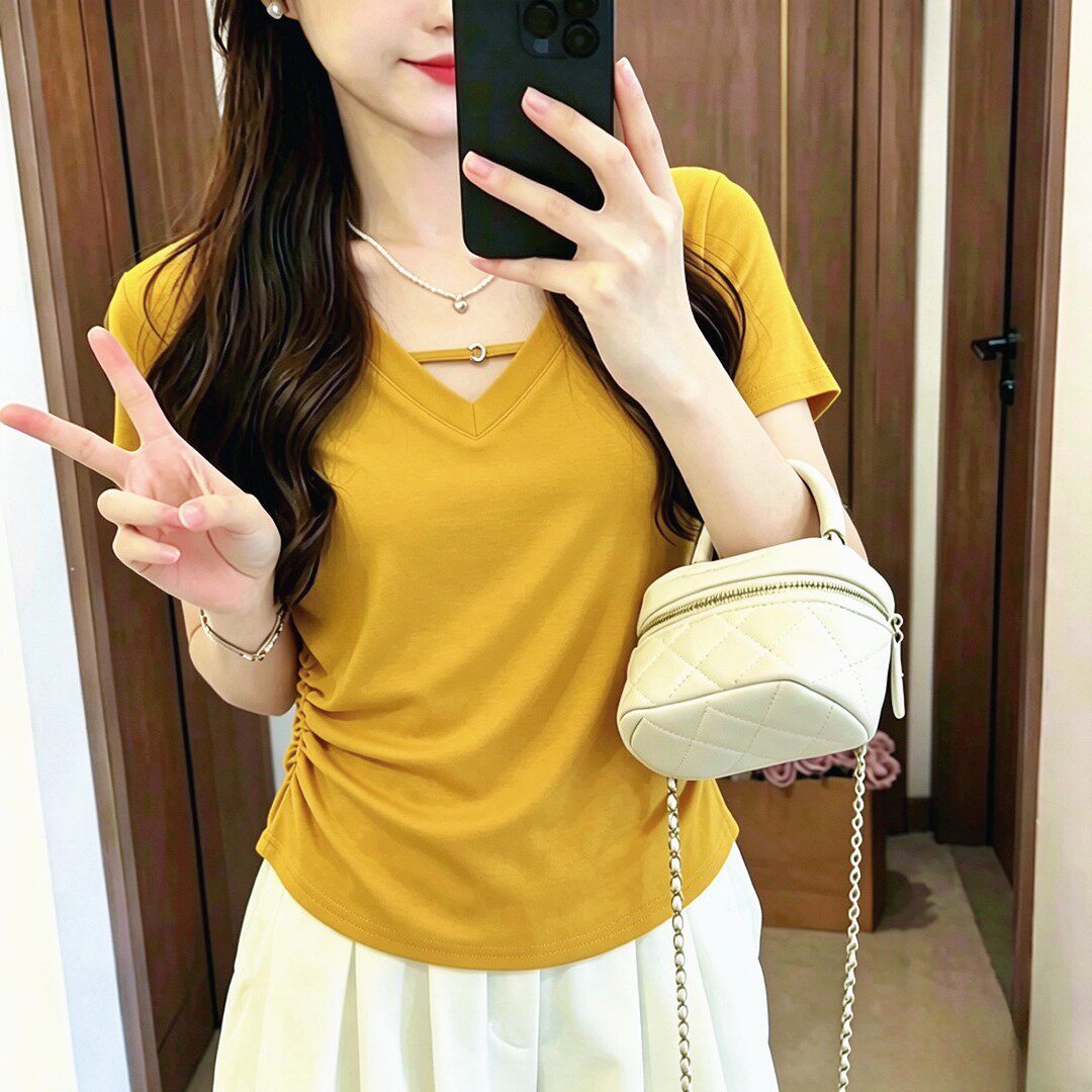 夏季V领短袖T恤女法式减龄气质显瘦百搭半袖纯色设计感上衣2528