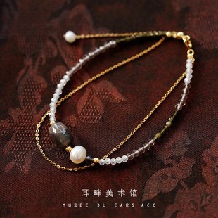 A黑骨干天然珍珠双层手链水晶女款国风新中式高级感小众闺蜜礼物