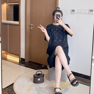 新款 黑色显瘦长款 胖mm夏装 大码 2024提花高级感连衣裙遮肚子潮 短袖