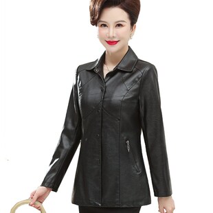 妈妈春秋外套2024新款皮衣女中款小翻领西装时尚中老年人女PU衣服