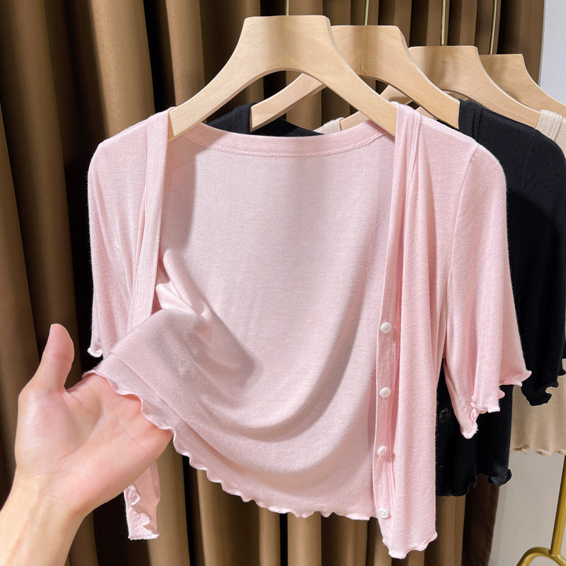 薄款冰丝针织短袖开衫女夏季配吊带裙外搭小坎肩外搭防晒罩衫上衣